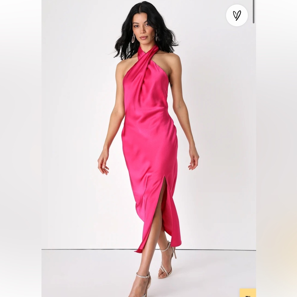 Lulu’s Beyond Classy Hot Pink Satin Halter Midi Dress